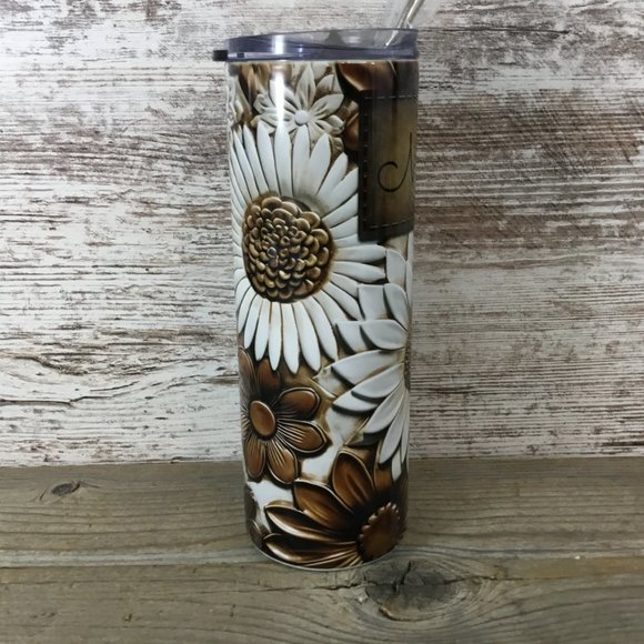 Brown and White Flowers Leather Look Personalized 20 oz Skinny Tumbler - Picture 5 of 6